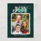 JOY Festive Green Modern Script Weihnachten Foto (Vorderseite)