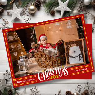 JOY Festive Red Gold Script Einfaches Foto Weihnac Feiertagskarte