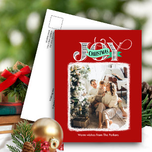 JOY Festive Red Modern Script Weihnachts-Foto Feiertagspostkarte