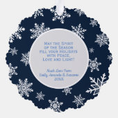 Joy! Festliche Schneeflocken auf dem Blue Holiday Ornament Karte (Rückseite)