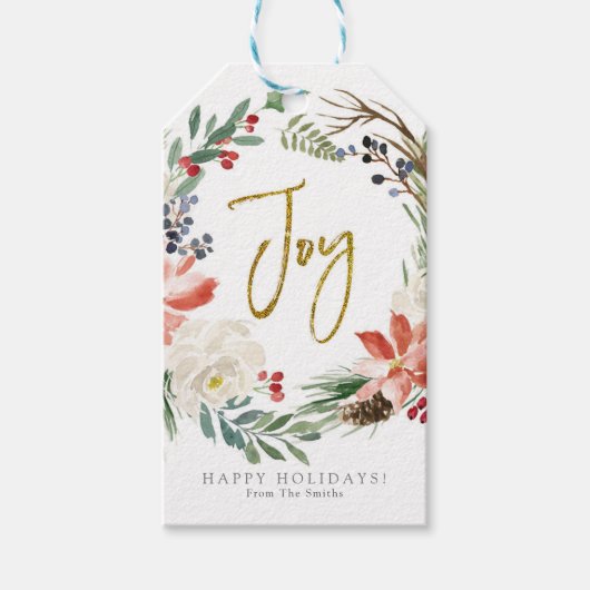 Joy Floral Aquarell Weihnachten Geschenkanhänger (Vorderseite)