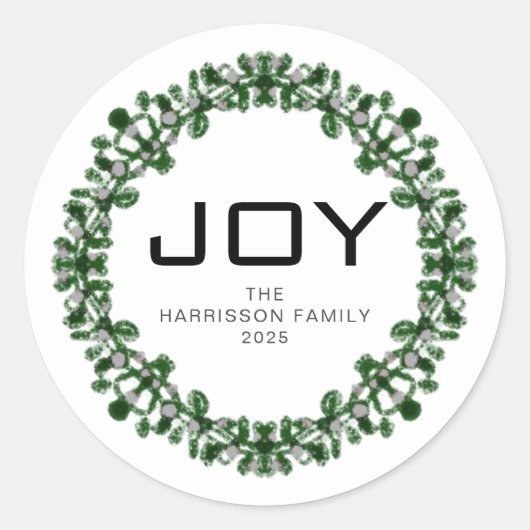 Joy Floral Christmas Wreath Familienname Classic Runder Aufkleber (Vorderseite)