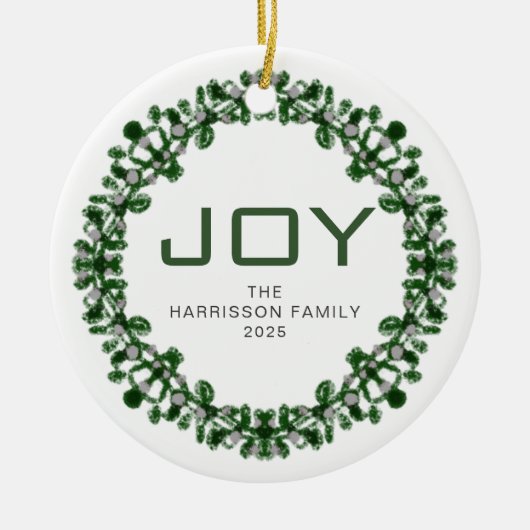 Joy Floral Christmas Wreath Familienname Foto Keramik Ornament (Vorne)
