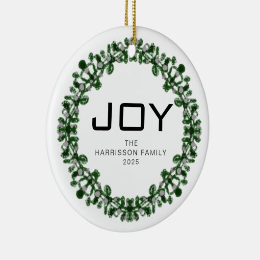 Joy Floral Christmas Wreath Familienname Foto Keramik Ornament (Rechts)