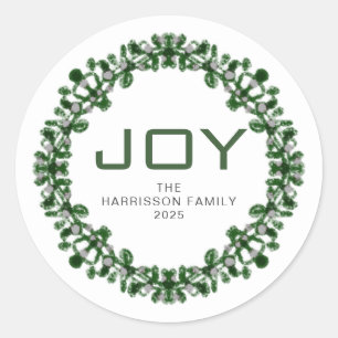 Joy Floral Christmas Wreath Familienname Runder Aufkleber