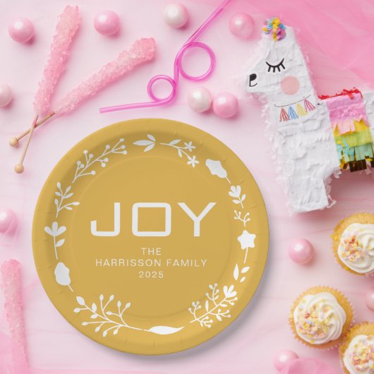 Joy Floral Christmas Wreath Family Custom Name Pappteller (Party)