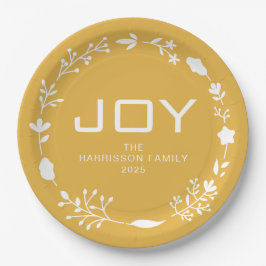 Joy Floral Christmas Wreath Family Custom Name Pappteller