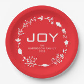 Joy Floral Christmas Wreath Family Custom Name Pappteller (Vorderseite)