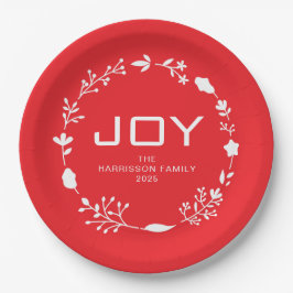Joy Floral Christmas Wreath Family Custom Name Pappteller