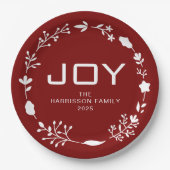 Joy Floral Christmas Wreath Family Custom Name Pappteller (Vorderseite)