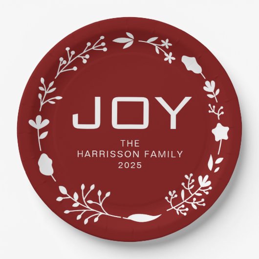 Joy Floral Christmas Wreath Family Custom Name Pappteller (Vorderseite)