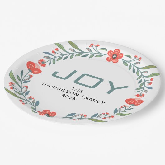 Joy Floral Christmas Wreath Family Custom Name Pappteller (Schrägansicht)
