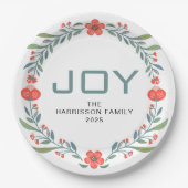Joy Floral Christmas Wreath Family Custom Name Pappteller (Vorderseite)