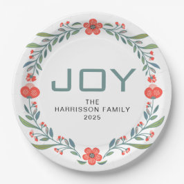 Joy Floral Christmas Wreath Family Custom Name Pappteller
