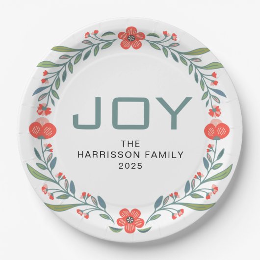 Joy Floral Christmas Wreath Family Custom Name Pappteller (Vorderseite)