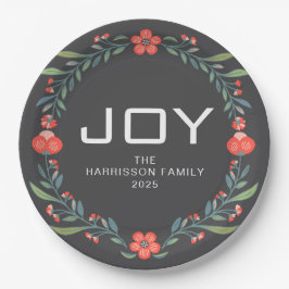 Joy Floral Christmas Wreath Family Custom Name Pappteller