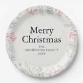 Joy Floral Christmas Wreath Family Custom Name Pappteller (Vorderseite)