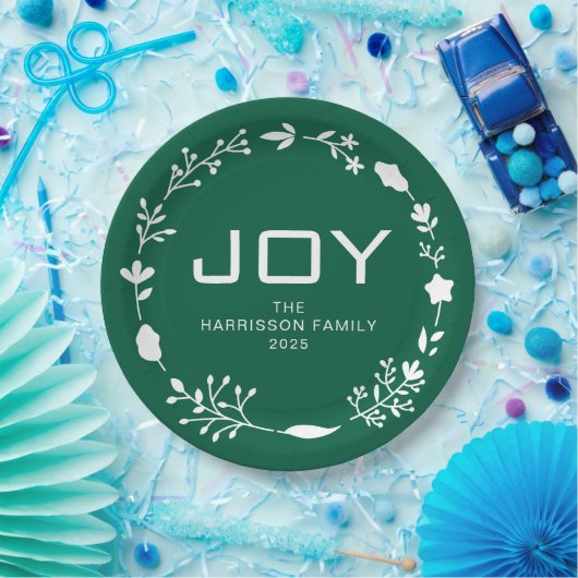 Joy Floral Christmas Wreath Family Custom Name Pappteller (Party)