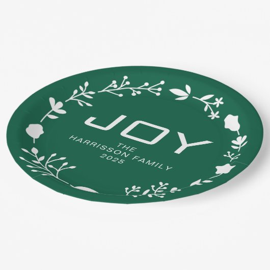 Joy Floral Christmas Wreath Family Custom Name Pappteller (Schrägansicht)