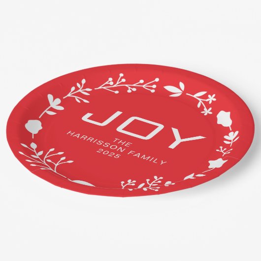 Joy Floral Christmas Wreath Family Custom Name Pappteller (Schrägansicht)