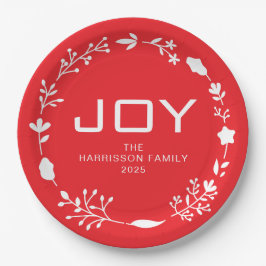 Joy Floral Christmas Wreath Family Custom Name Pappteller