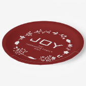 Joy Floral Christmas Wreath Family Custom Name Pappteller (Schrägansicht)