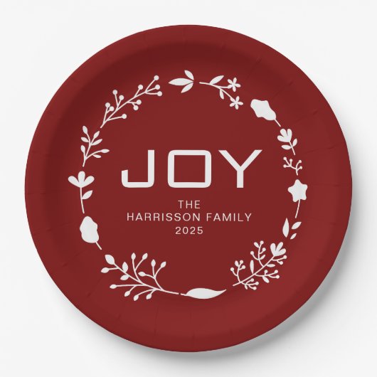 Joy Floral Christmas Wreath Family Custom Name Pappteller (Vorderseite)