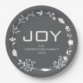 Joy Floral Christmas Wreath Family Custom Name Pappteller (Vorderseite)