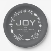 Joy Floral Christmas Wreath Family Custom Name Pappteller (Vorderseite)