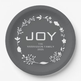 Joy Floral Christmas Wreath Family Custom Name Pappteller