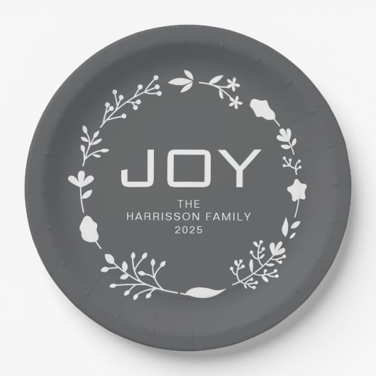 Joy Floral Christmas Wreath Family Custom Name Pappteller (Vorderseite)