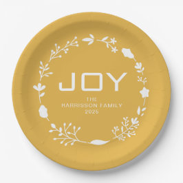 Joy Floral Christmas Wreath Family Custom Name Pappteller