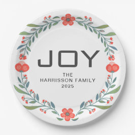 Joy Floral Christmas Wreath Family Custom Name Pappteller