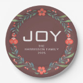 Joy Floral Christmas Wreath Family Custom Name Pappteller (Vorderseite)