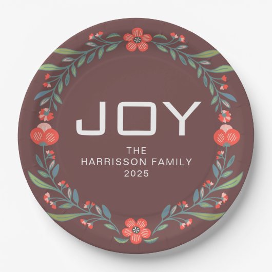 Joy Floral Christmas Wreath Family Custom Name Pappteller (Vorderseite)