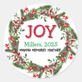 Joy Frohe Weihnachts-Wreath Familie Name Red Xmas Runder Aufkleber