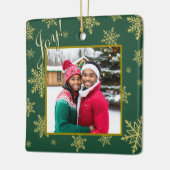 Joy! Goldschneeflocken Hunter Green Holiday Foto Keramikornament (Links)