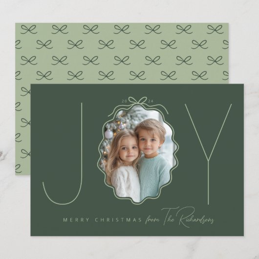 JOY Green Simple Bow Foto Weihnachtskarte Feiertagskarte (Vorne/Hinten)