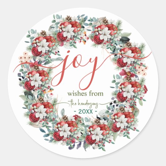 Joy Handwritten Script Christmas Wreath Name Red Runder Aufkleber (Vorderseite)