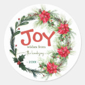 Joy Handwritten Script Name Christmas Wreath  Red  Runder Aufkleber (Vorderseite)