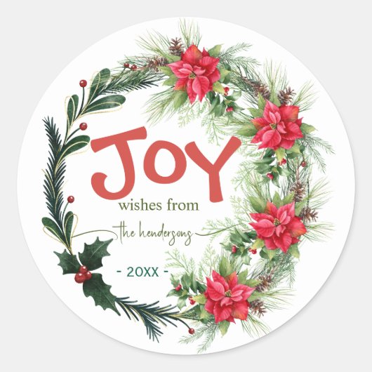 Joy Handwritten Script Name Christmas Wreath Red Runder Aufkleber (Vorderseite)