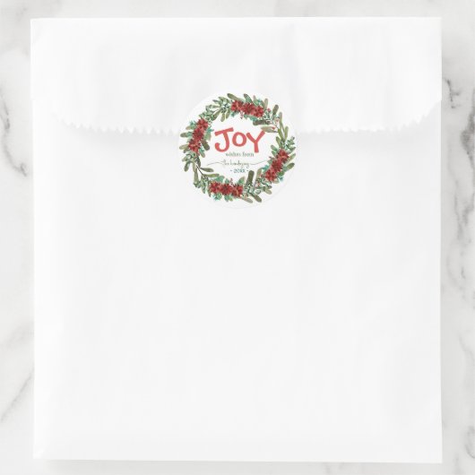 Joy Handwritten Script Name Red Christmas Wreath  Runder Aufkleber (Tasche)