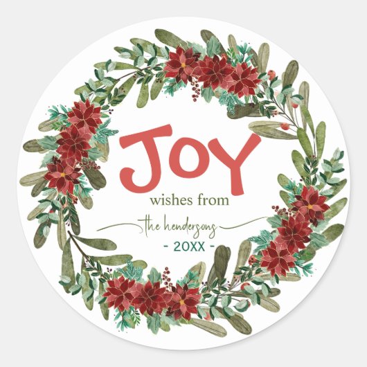 Joy Handwritten Script Name Red Christmas Wreath Runder Aufkleber (Vorderseite)