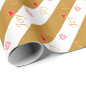 Joy Heart Pattern on Striped Golden & White Wrappi Geschenkpapier (Rolleneckpunkt)
