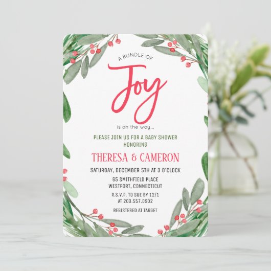 Joy Holiday Mistletoe Babydusche Einladung (Stehend Vorderseite)