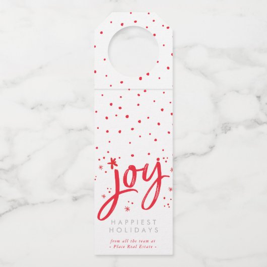 JOY HOLIDAY stilvolle, moderne und lustige rote Gl Flaschenanhänger (Vorderseite)