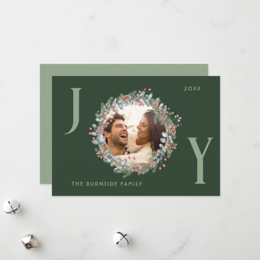 Joy Holiday Wreath Christmas Card Feiertagskarte (Vorderseite/Rückseite Beispiel)