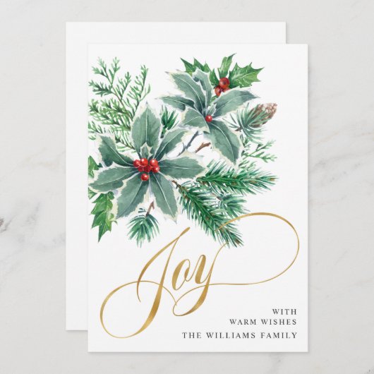 JOY Holly Berry Branch Weihnachtsgrüßen Feiertagskarte (Vorne/Hinten)