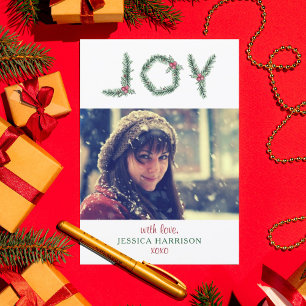 "Joy" Holly Branches Foto Weihnachtskarte Feiertagskarte