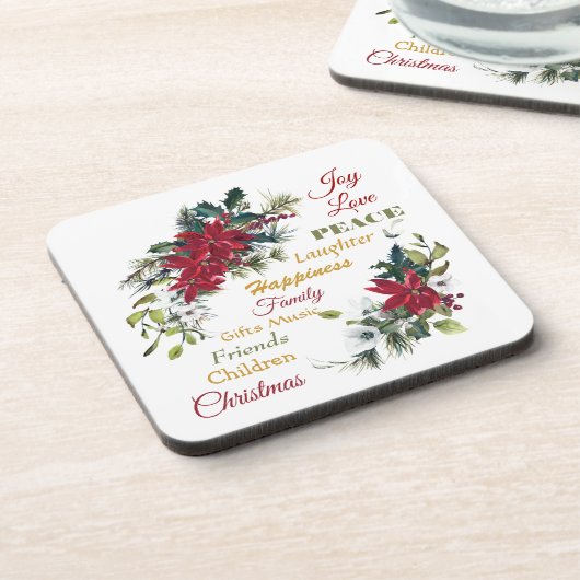 Joy Liebe Peace Poinsettia Weihnachten Getränkeuntersetzer (Linke Seite)